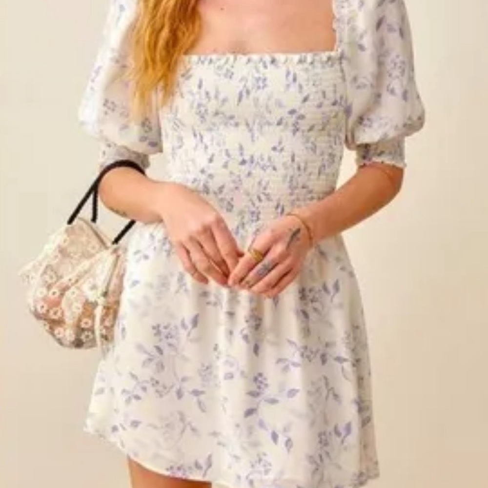 Reformation Floral Mini Dress in White and Lavender